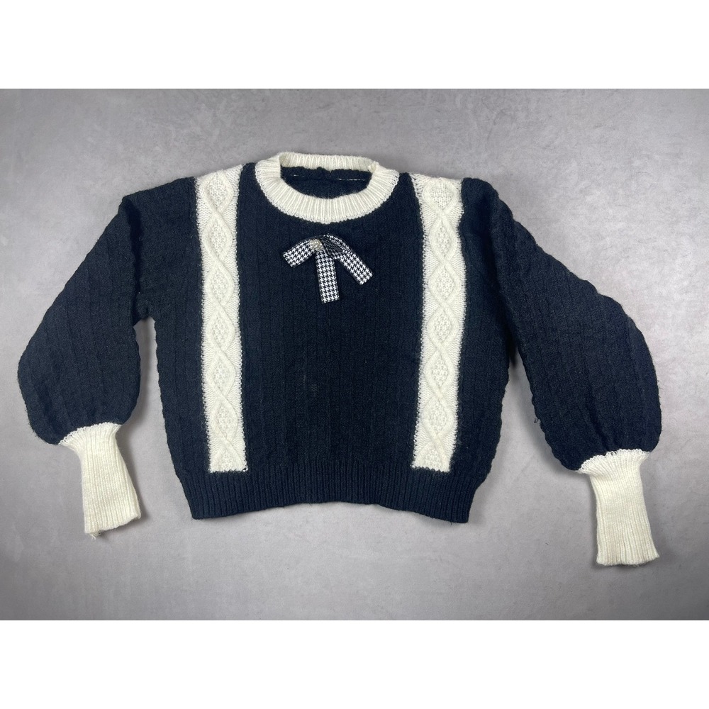Vintage Style Black White Cable Knit Sweater Bow Pearl Balloon Sleeve Cropped
